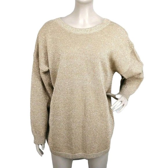 Vintage 80's Oversized Gold Metallic V-Back Balloon Sleeve Pullover Swea… - Picture 1 of 5